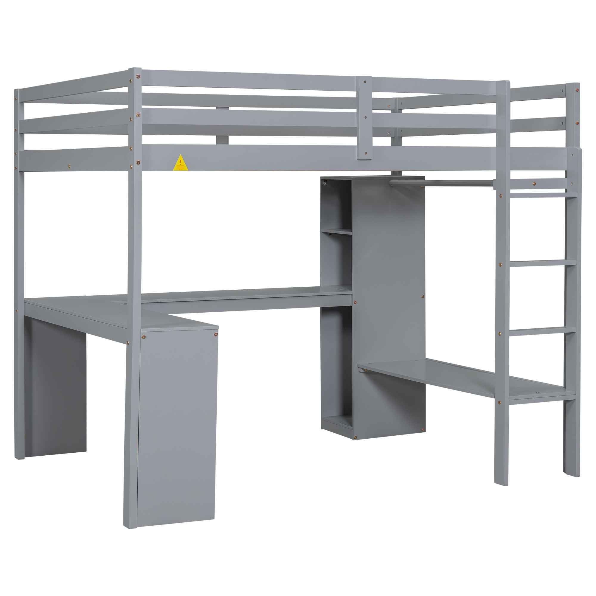 Full Size Loft Bed with Storage Shelves and Hanging Rod, Wooden Highloft Bedframe