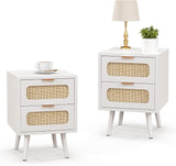 Rattan Nightstand Set of 2,Night Stand Bedside Table with 2 Drawers,Mid Century Modern