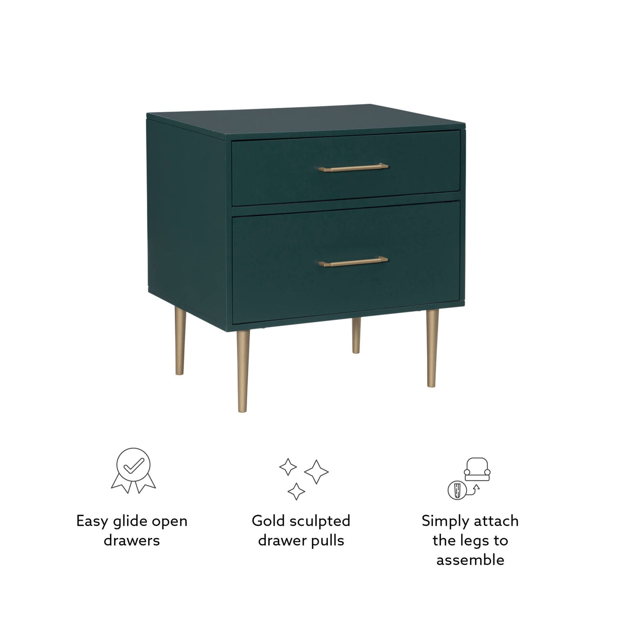 Linon Modern Dark Green Gold Hardware Lennon Two Drawer Nightstand