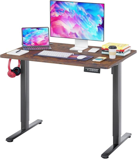 PayLessHere 48 Adjustable Height Standing Desk Computer Desk with Large Space and Headphone Holder Office Desk with Electric Lifting and 2 Memory Function for Office Meeting Room,Brown