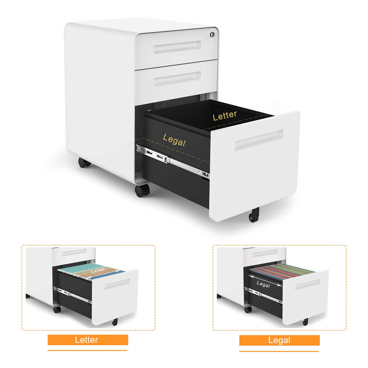 23.8" H 3 Drawer Rolling File Cabinet with Lock, Mobile File Cabinet Under Desk