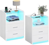 Nightstand with Charging Station, Night Stand with Pull-Out Tray, 2 Drawers, Bedside