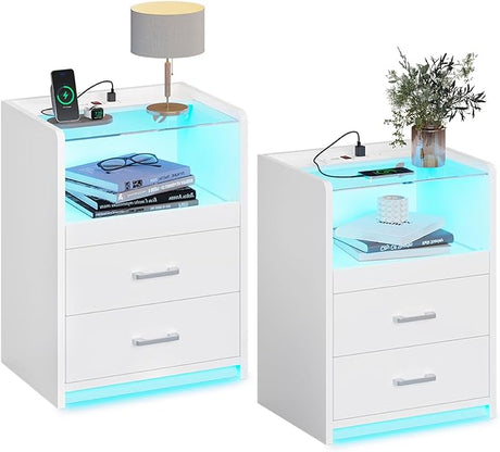 Nightstand with Charging Station, Night Stand with Pull-Out Tray, 2 Drawers, Bedside