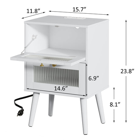 RRX Wooden Nightstand with Charging Station, Bedside Table with Reeded Glass Door Drawer, 2 Tiers End Table Storage,Side Table for Bedroom White (1)