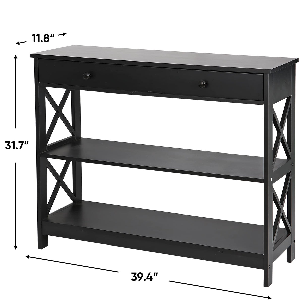 Wood Console Table 3 Tier Sofa Table with Drawer and Storage Shelves Narrow Entryway