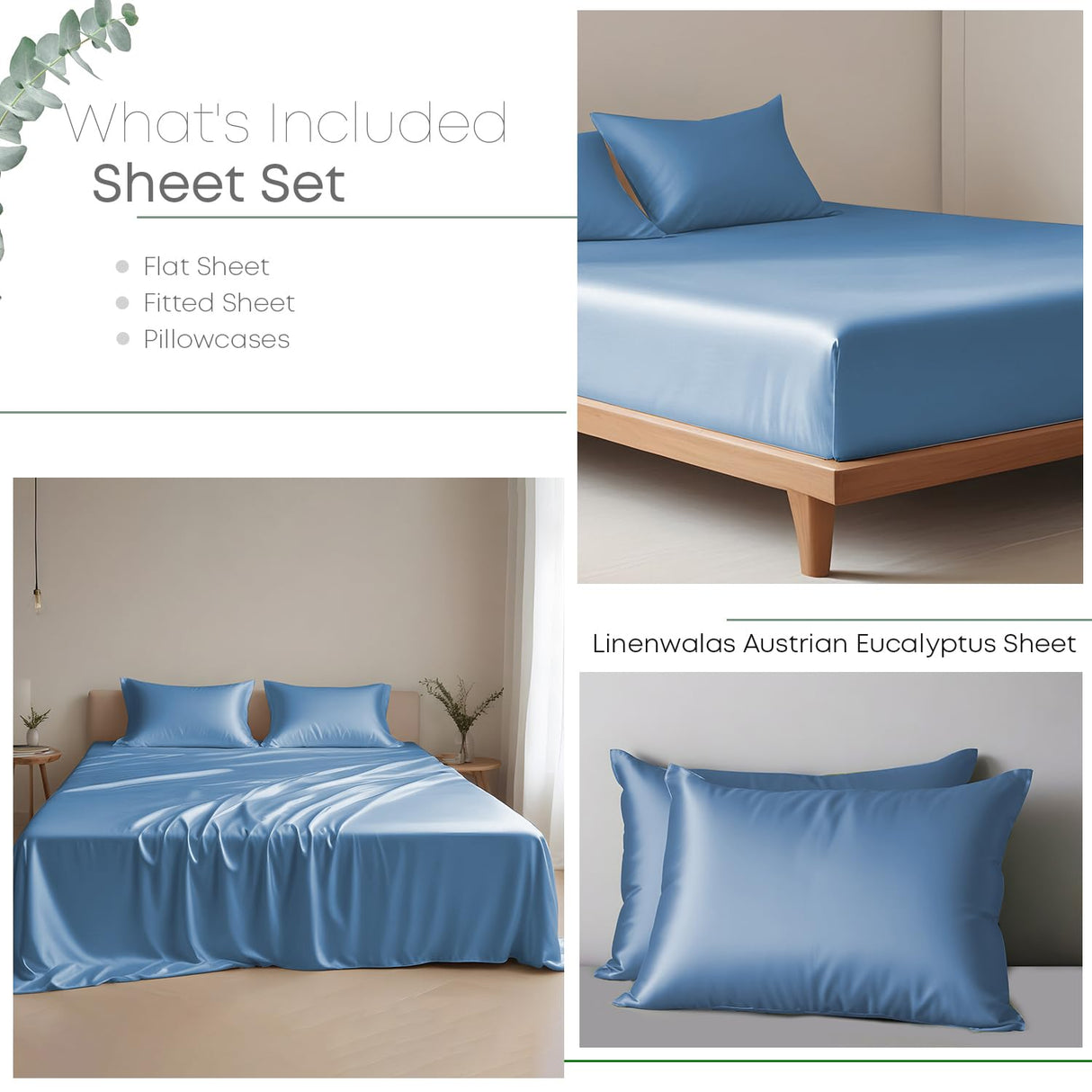 Eucalyptus Silk Tencel Sheets Set Queen Size 4Pc - Blue Bedding Lyocell