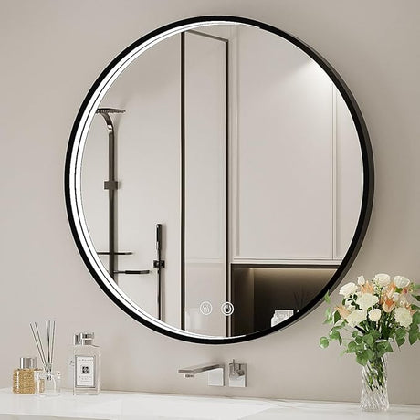 28 Inch LED Black Frame Round Mirror,Round Bathroom Mirror with Light,Anti-Fog & Dimmable