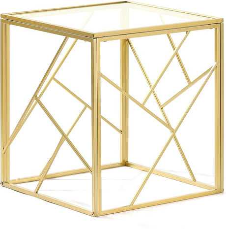 Gold Side Table, Glass Top End Table with Metal Frame, Square Coffee Accent Table Modern