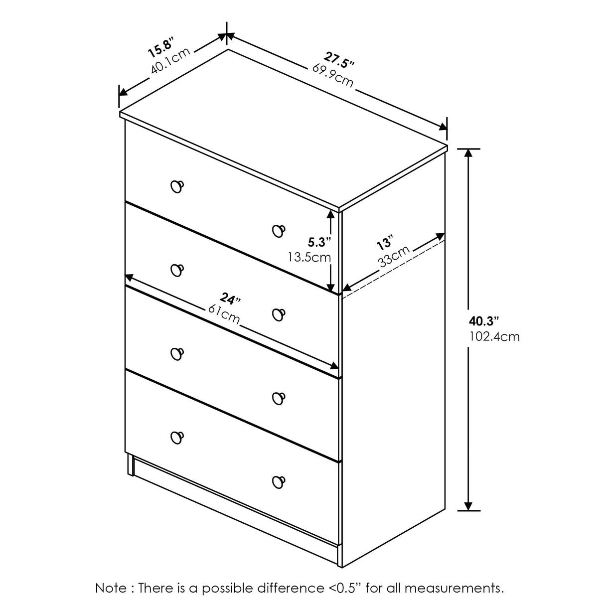 Tidur Simple Design Dresser, 4-Tier Knob, Americano