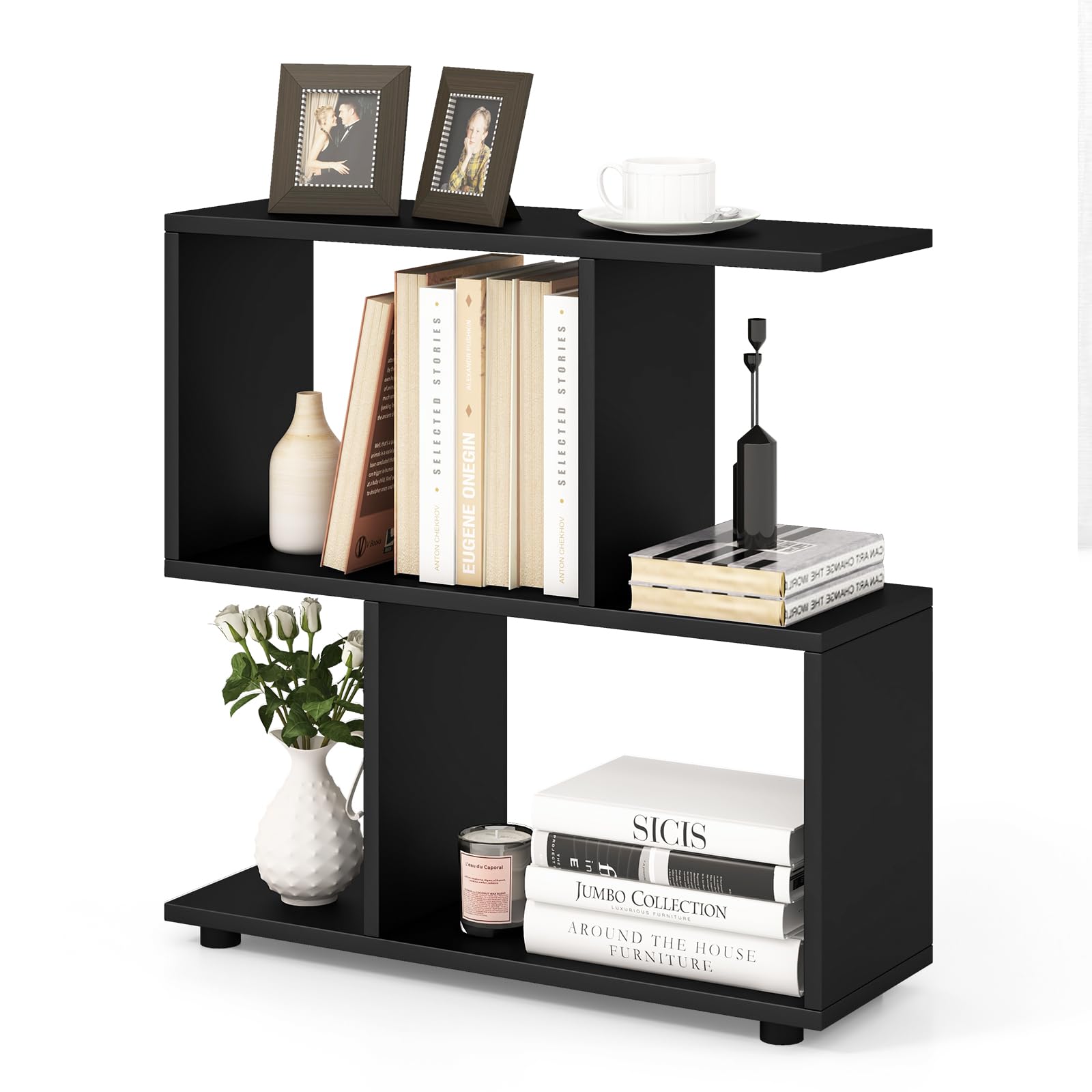 3-Tier Geometric Bookshelf, 24" Tall Wood S-Shaped Display Shelves with Thick Foot Pads, Freestanding Open Shelves Nightstand, Floor Standing Display Shelf Bookcase, Black