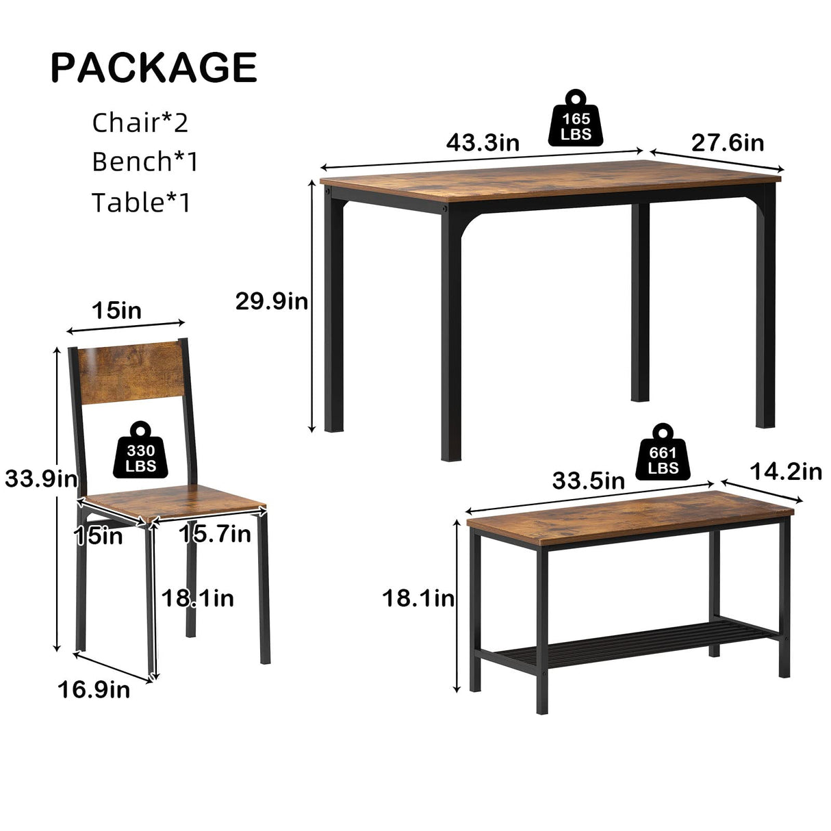 4 Piece Dining Table Set, Dining Room Set, Kitchen Dinner Table with Benches for 4