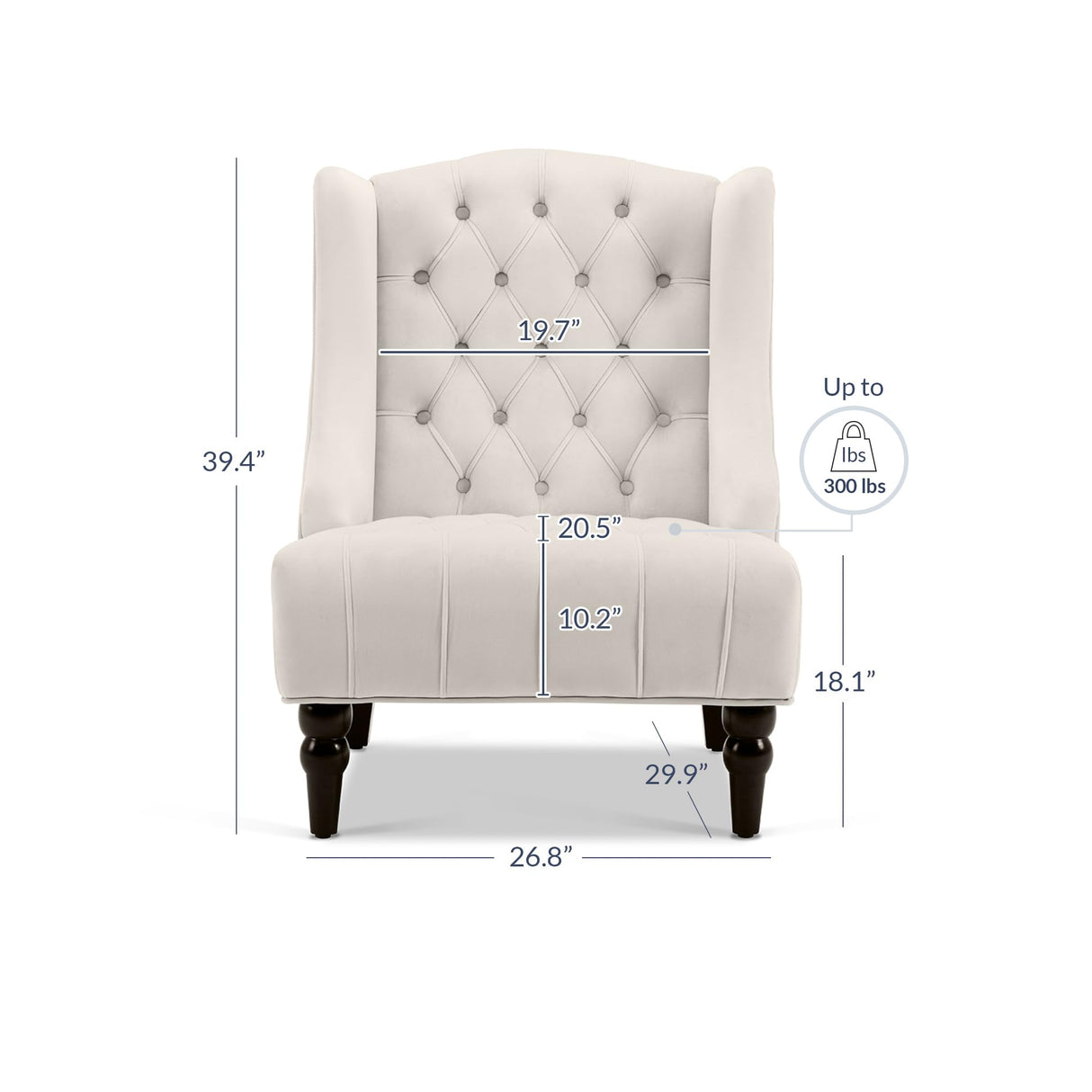 BELLEZE Modern Wingback Accent Chair, Tufted Velvet Living Room High Back Chair with Thick Padded Cushioned Seats & Wood Legs, Victorian Chesterfield Style - Hyde (Cream)