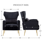 Room Accent Chairs Set of 2 Comfy Upholstered Wingback Bedroom Arm Chair with Golden Legs & Lumbar Pillow, Modern Chair for Dorms Reading Reception Waiting Room, Black