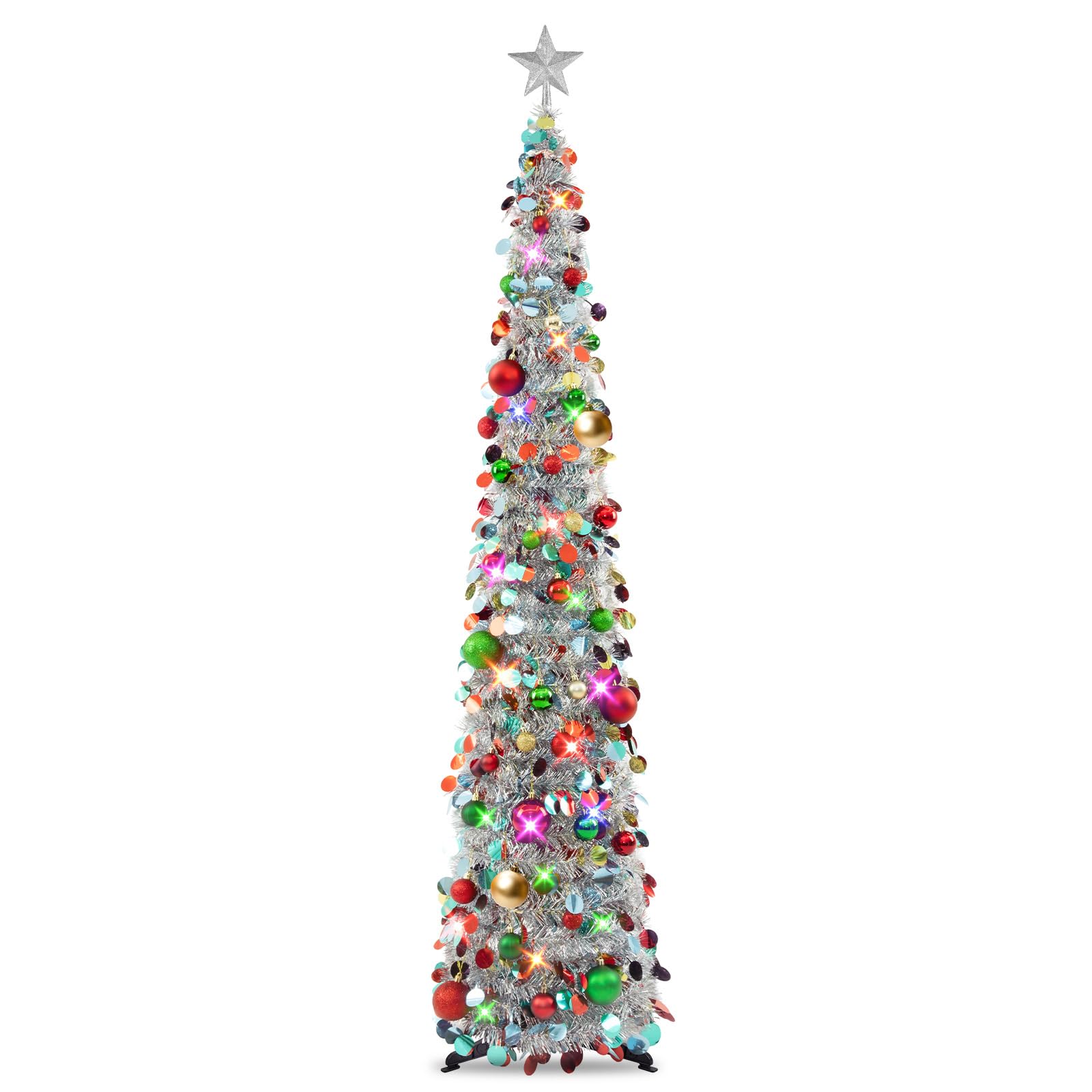 Up Christmas Tree with Lights & 40 Balls, 6Ft Collapsible Silver Mix Tinsel Christmas Tree