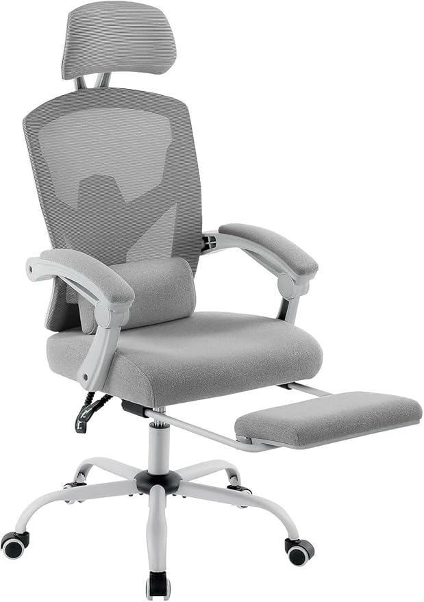 DUMOS Home Office Desk Chair with Footrest, High-Back Mesh Rolling Swivel Reclining Chairs with Wheels, Comfortable Headrest, Lumbar Support, Comfy Arms for Home, Office, Gaming, Student, Blue