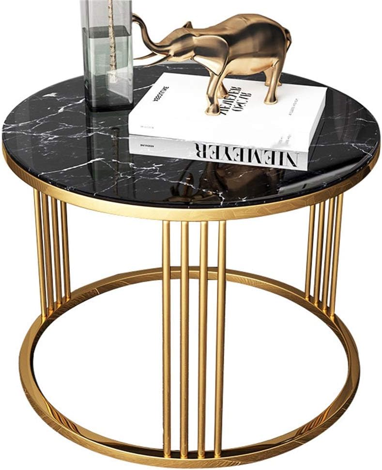 Round End Table Side Table, Marble Pattern Tempered Glass, Coffee Table with Stainless