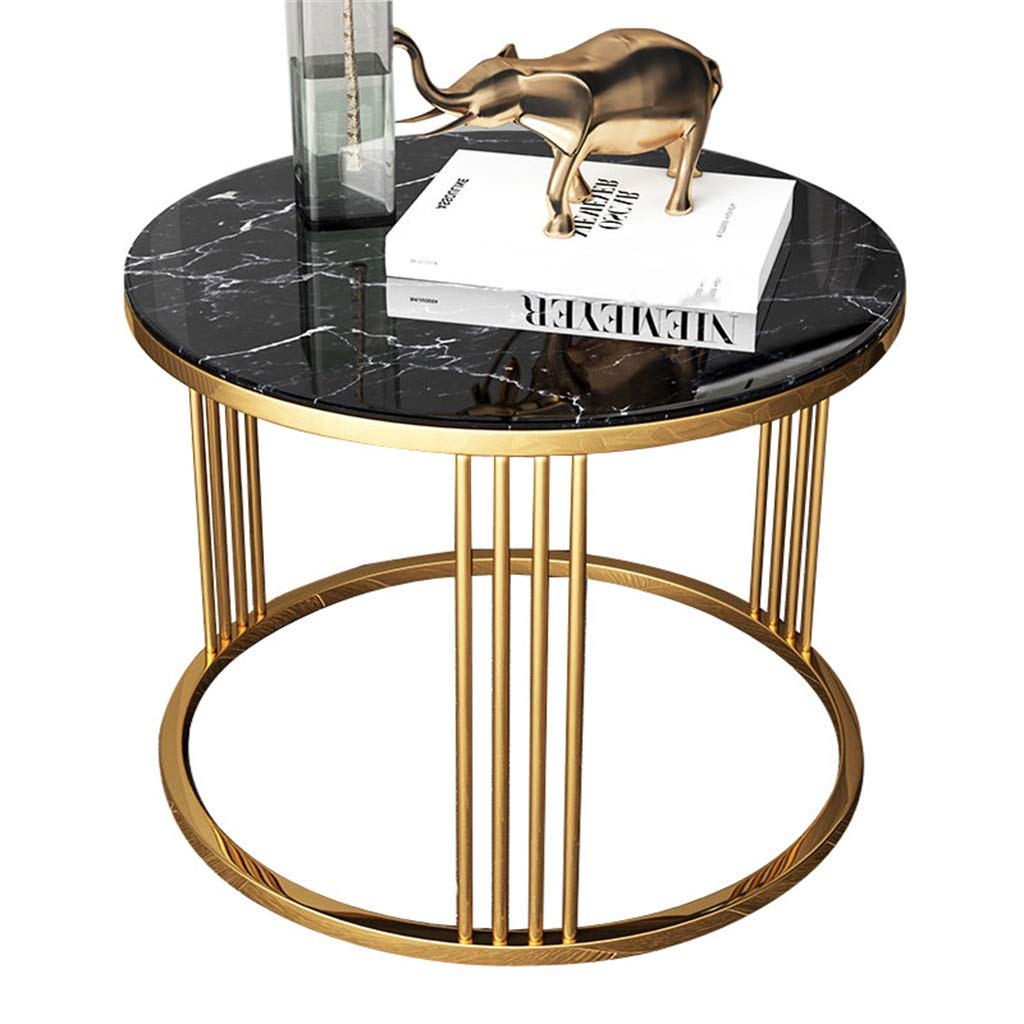 Round End Table Side Table, Marble Pattern Tempered Glass, Coffee Table with Stainless