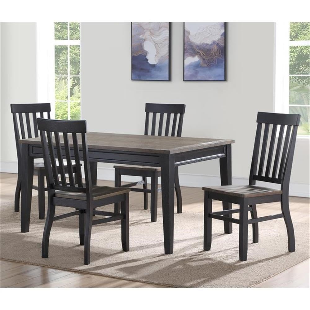 Raven Noir 5pc Dining Table Set, Driftwood Finish, 60" Rectangular Table 4 Side Chairs,