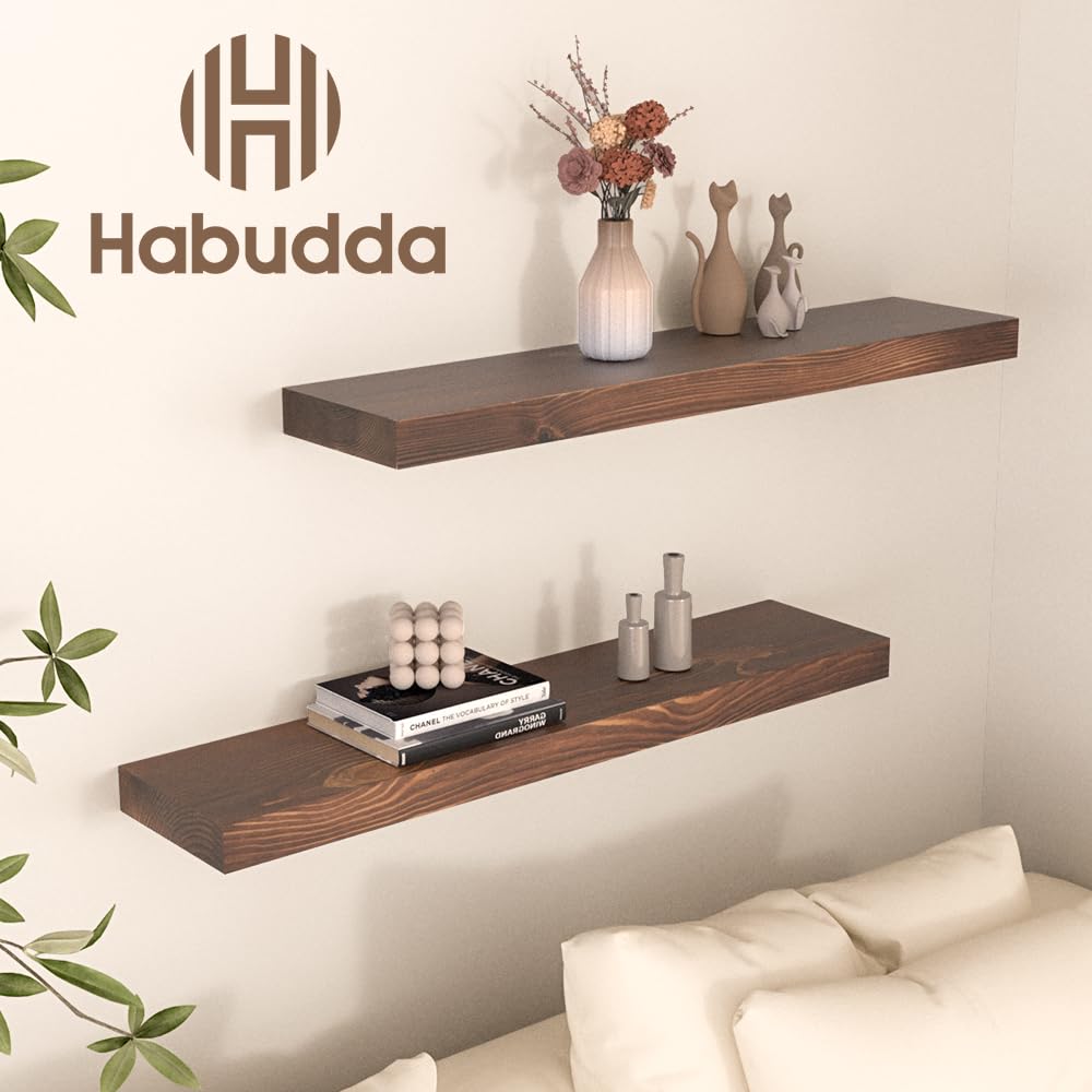 Floating Shelves Set of 2, Natural Pine Wood Shelf for Bathroom Bedroom Kitchen