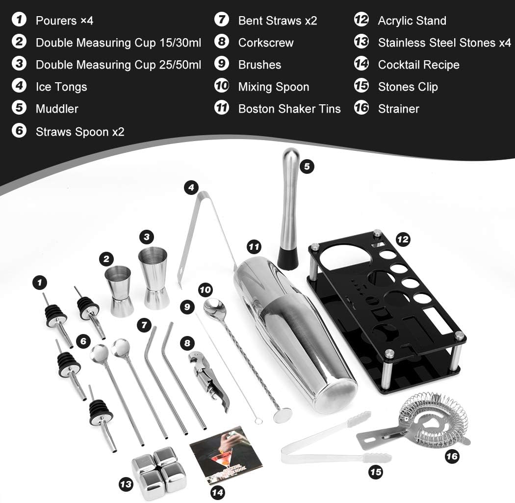 Cocktail Shaker Set, 23-Piece Boston Stainless Steel Bartender Kit