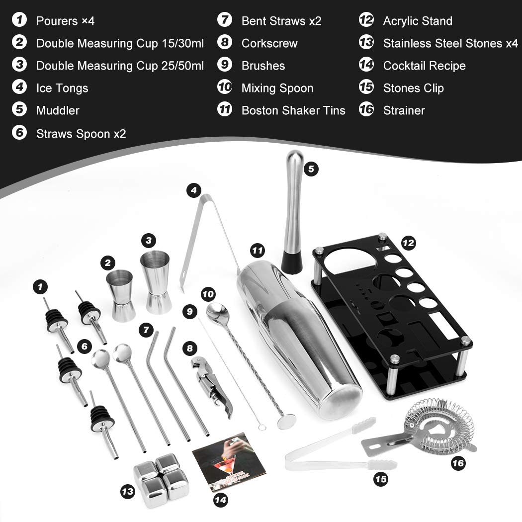 Cocktail Shaker Set, 23-Piece Boston Stainless Steel Bartender Kit