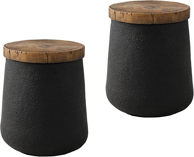 Drum End Table Cylinder Shaped Concrete Side Table Faux-Wood Top