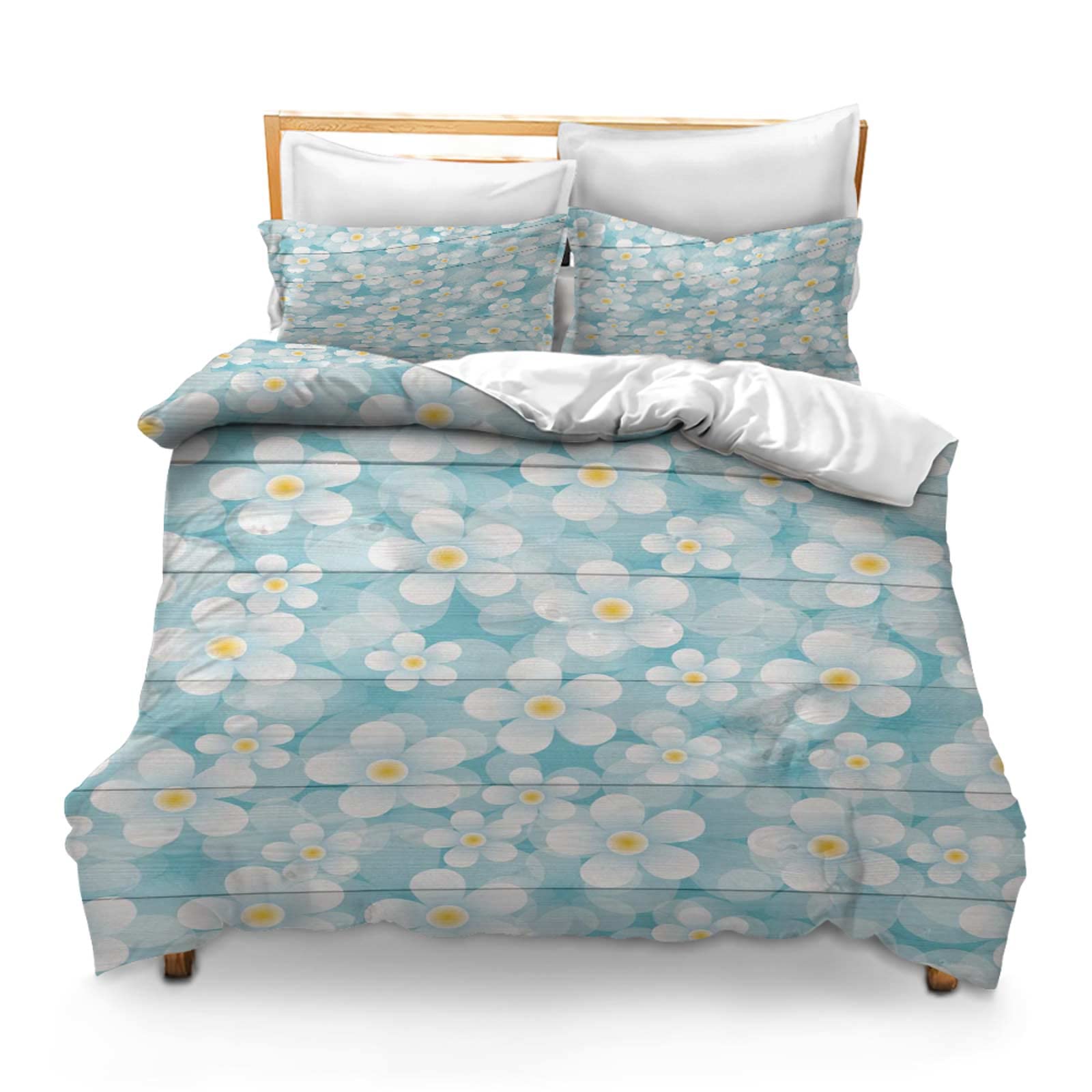 Printed Comforter Cover Set Twin Wood Daisy Background Wood and Flowers