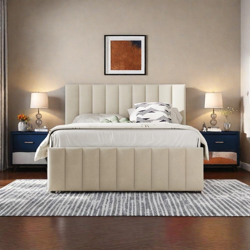 Bed Frame Full Size Linen Fabric Platform Bed Frame with Trundle and 3 Drawers, No