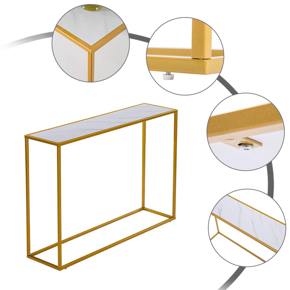 Gold Console Table,Narrow Entryway Table with Marble Top and Accent Metal Frame,