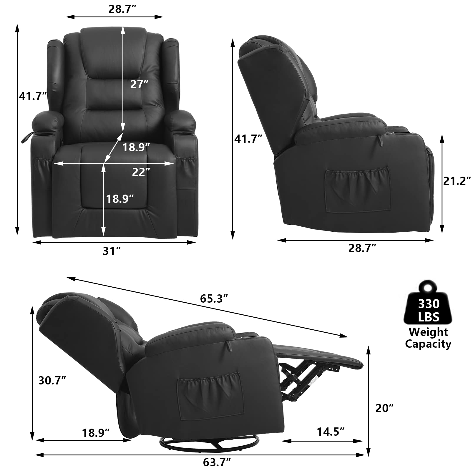 Swivel Rocker Recliner Nursery Rocking Chairs 360 Degree, Manual Glider Recliner Chairs for Living Room,Upholstered Swivel Single Sofa Seat with Cup Holders, Side Pockets, Pillow, Leather