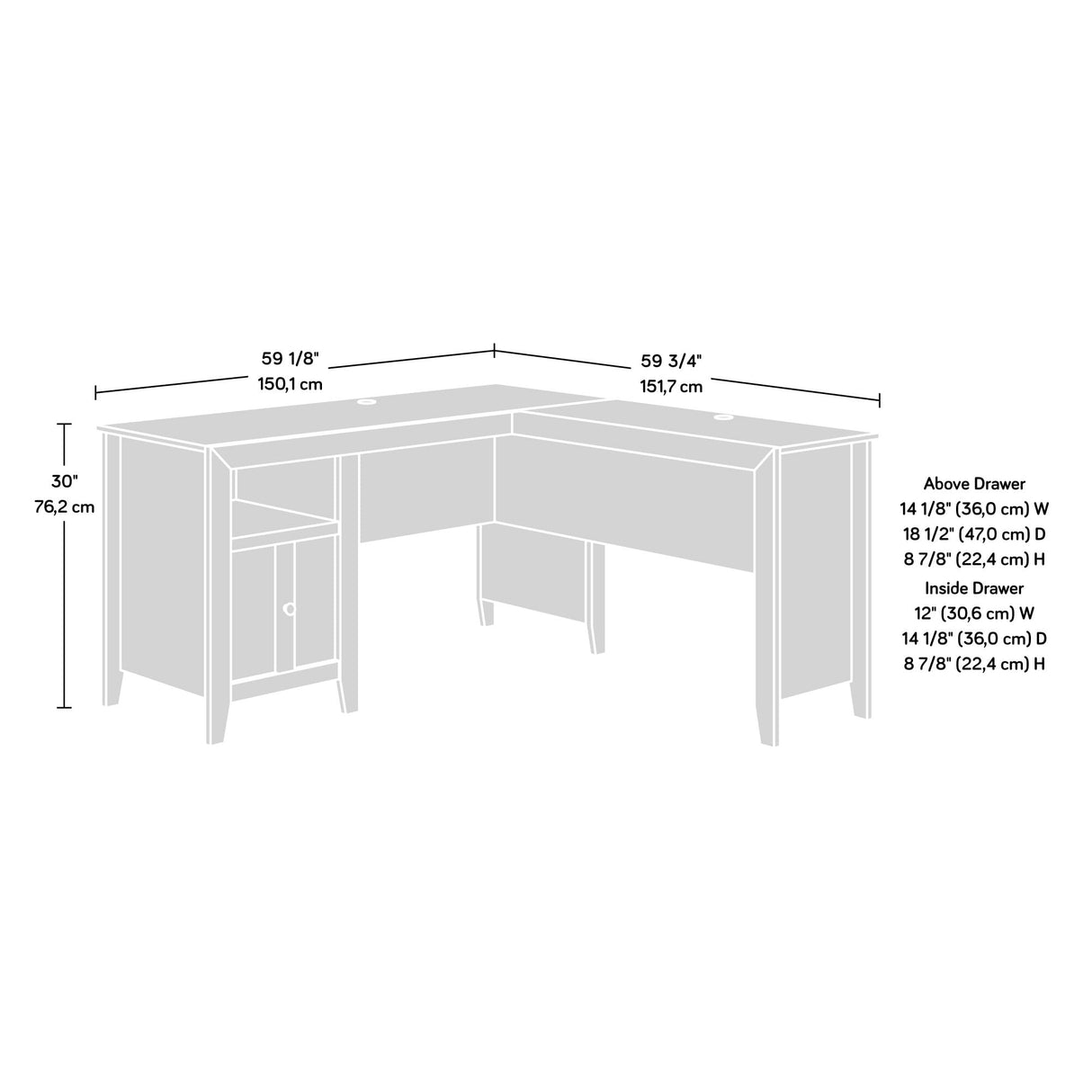 Dakota Pass L-Desk, L: 59.09" x W: 59.72" x H: 30.00", White Off-White