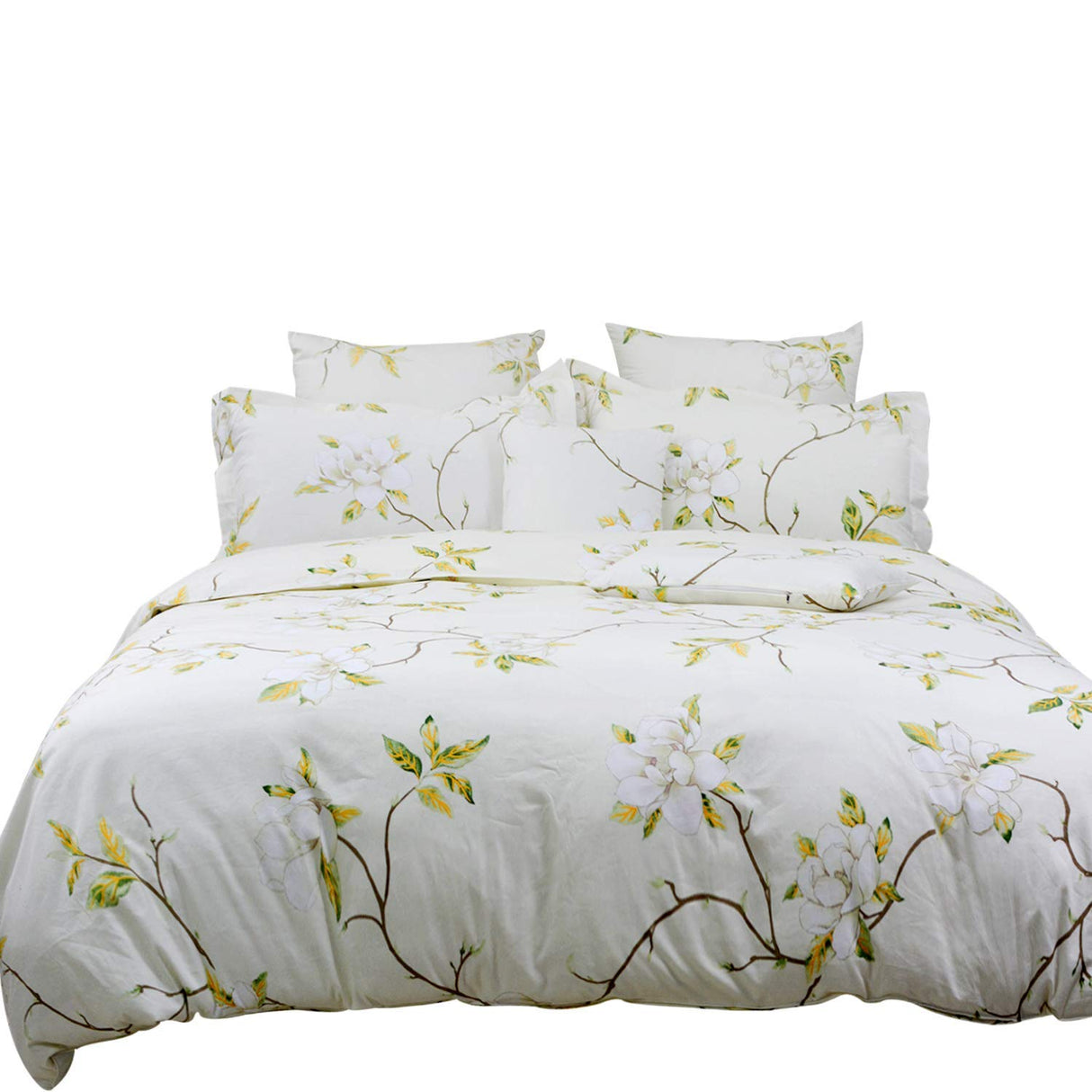 White Floral Duvet Cover Set 100% Cotton Farmhouse Bedding with Hidden Zipper Closure 3 Pieces,