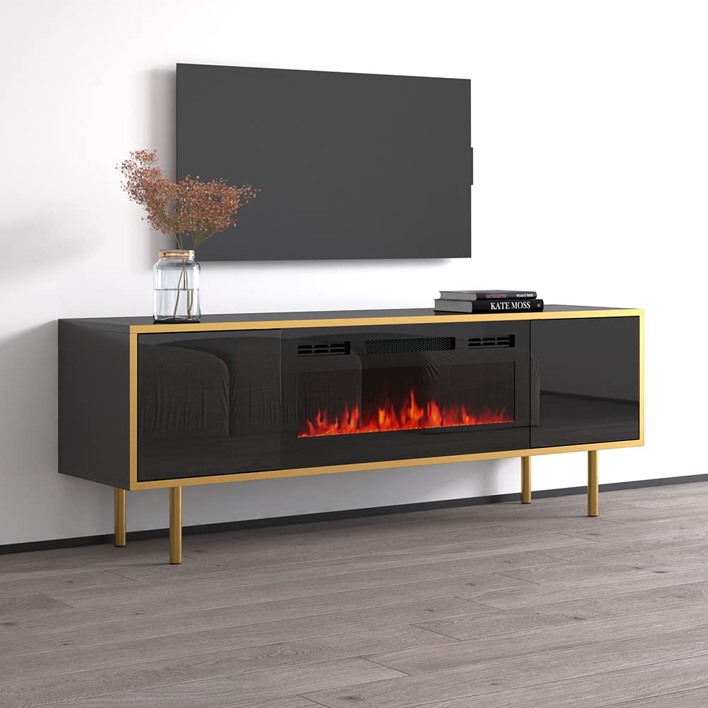 Goldie BL-EF Floating Fireplace TV Stand for TVs up to 75", Modern High Gloss