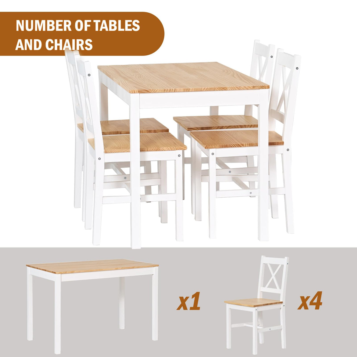 SogesPower 4-Person Dining Table Set 5 Pieces, Wood Kitchen Table Set with 4 Chairs for Kitchen Dining Room Restaurant, White&Oak