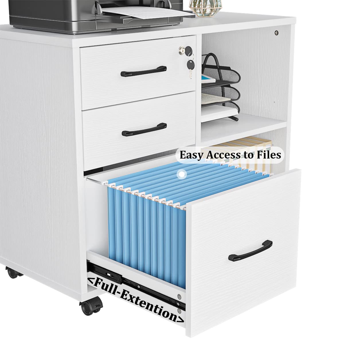 3 Drawer File Cabinets, Mobile Lateral Printer Stand with Open Shelf, Rolling Filing Cabinet