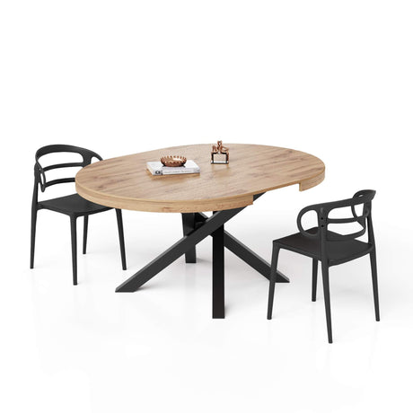 Emma Round Extendable Table, Rustic Oak with Black crossed legs, Made in Italy