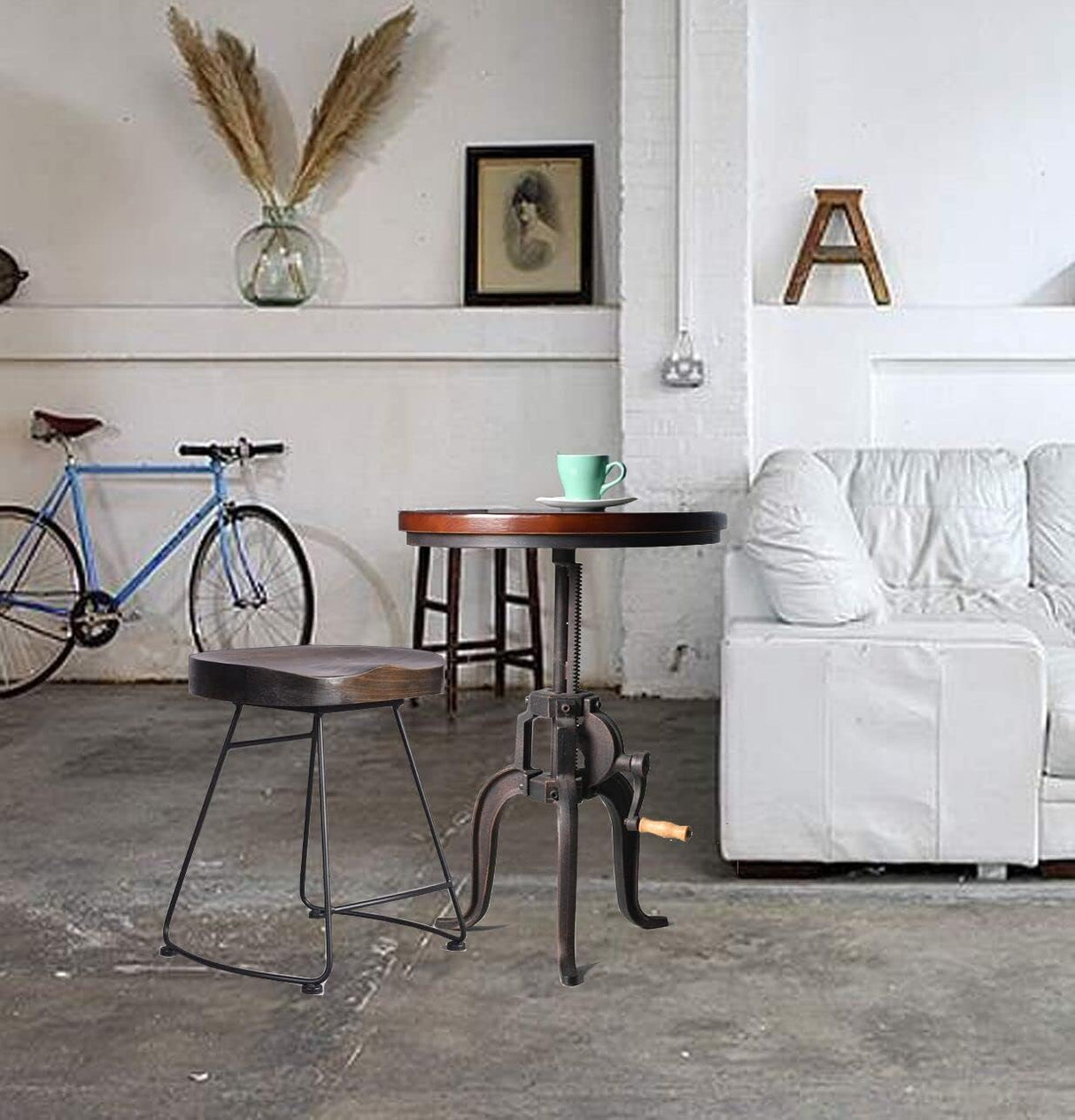 Industrial Iron Adjustable Crank Accent Table,Walnut Wood Top/Copper