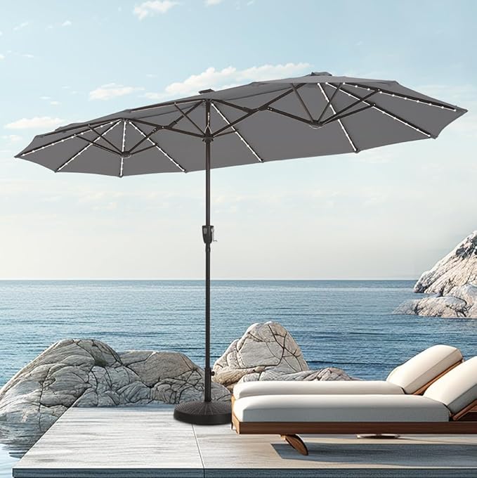 13ft Large Patio Umbrella with Solar Lights, Double-Sided Outdoor Market Rectangle Umbrella