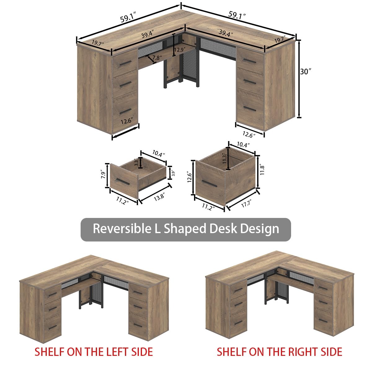 Large L Shaped Home Office Desk with Drawers, Rustic L-shaped Computer Desk