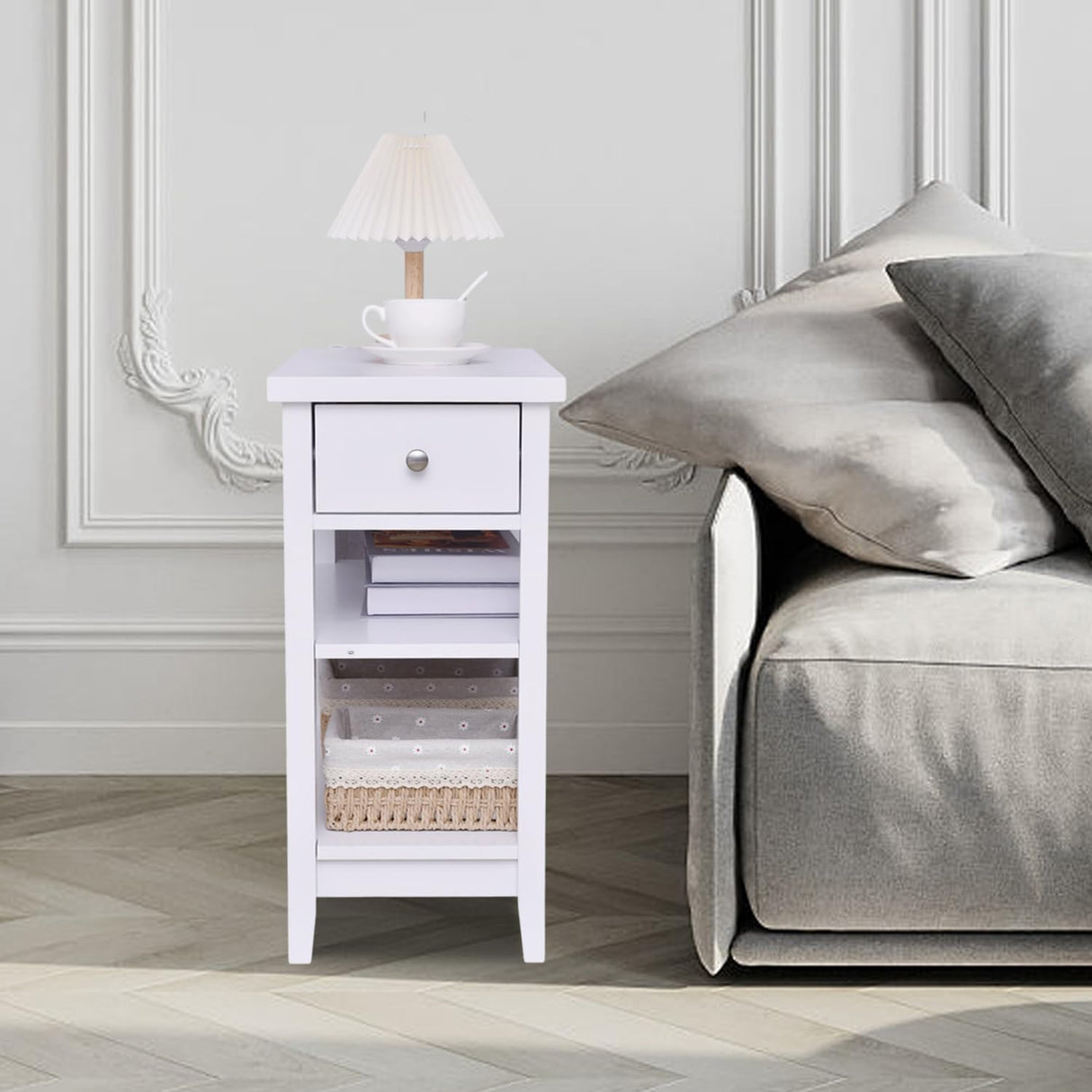 End Table with Drawer and Double Shelves, Side Table Sofa Table Nightstand