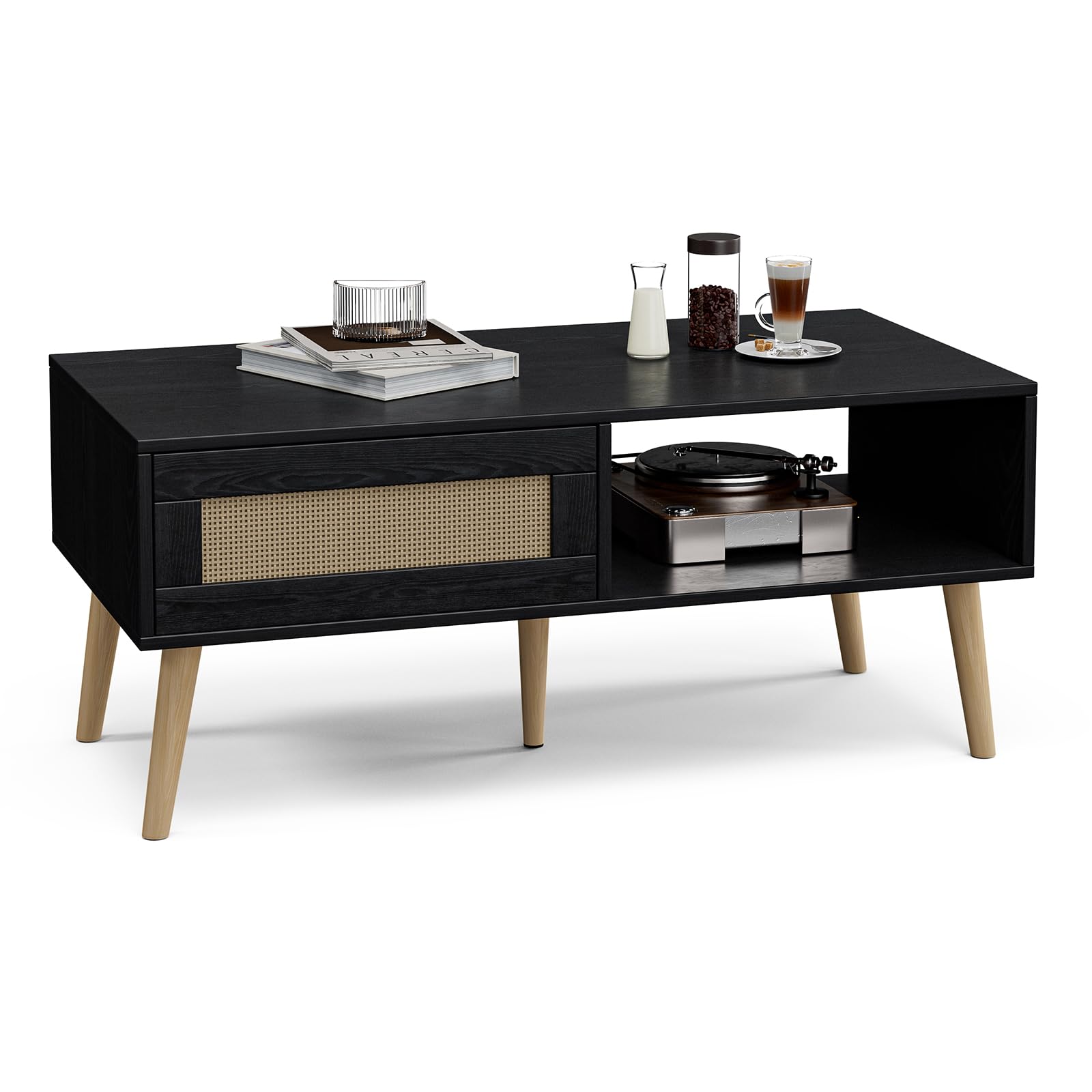 Coffee Table with Storage, Boho Dining Table with Sliding Rattan Door Panel