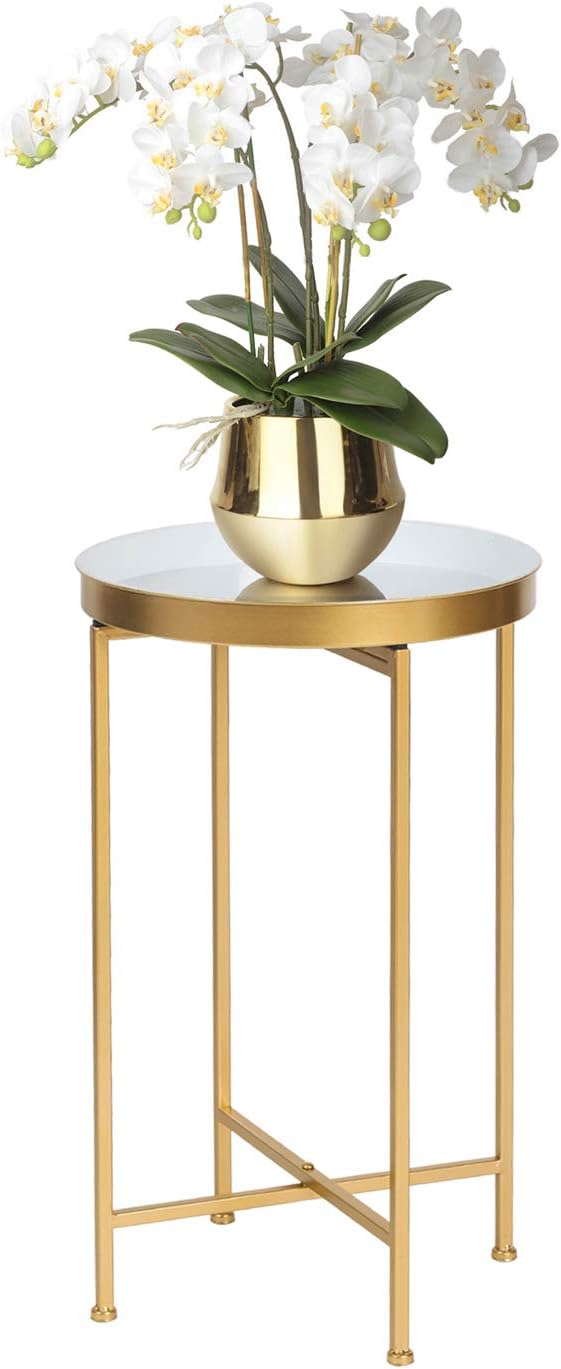 Tray Metal End Table, Gold Round Foldable Side Table Small Decorative Sofa Snack Coffee