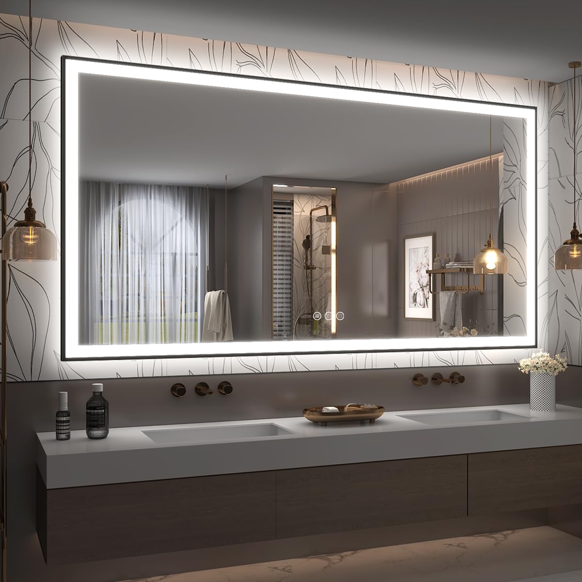 LED Bathroom Mirrors with Black Frame Wall Mounted
