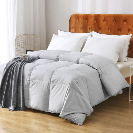 Cat Gray Feathers Down Comforter Full/Queen - 100% Organic Cotton Cover, Medium Warm All Seasons Machine Washable Duvet Insert with Tabs (90x90, Mirage Grey)