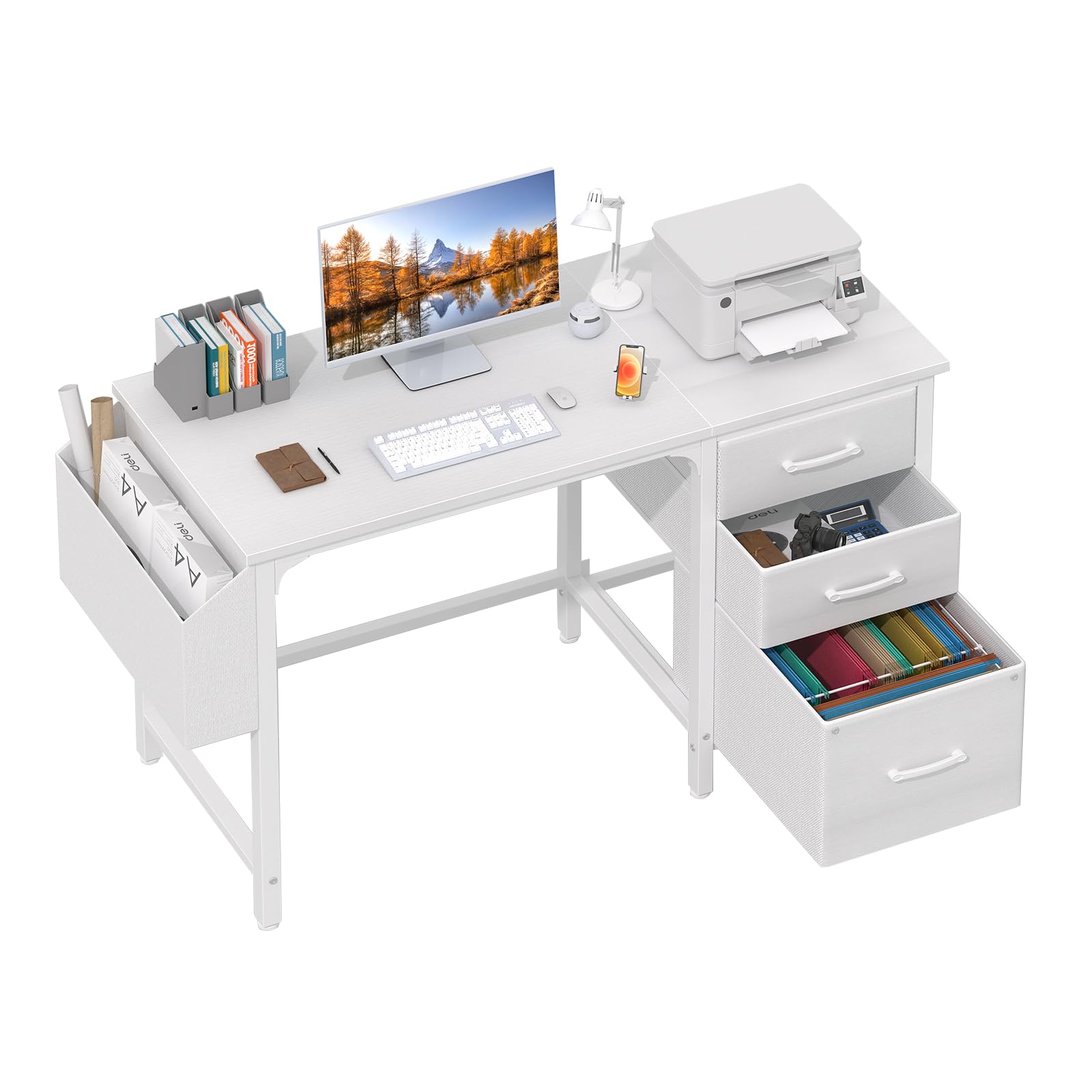 White Computer Desk with Fabric File Drawers Cabinet, 47 Inch Home Office Desks