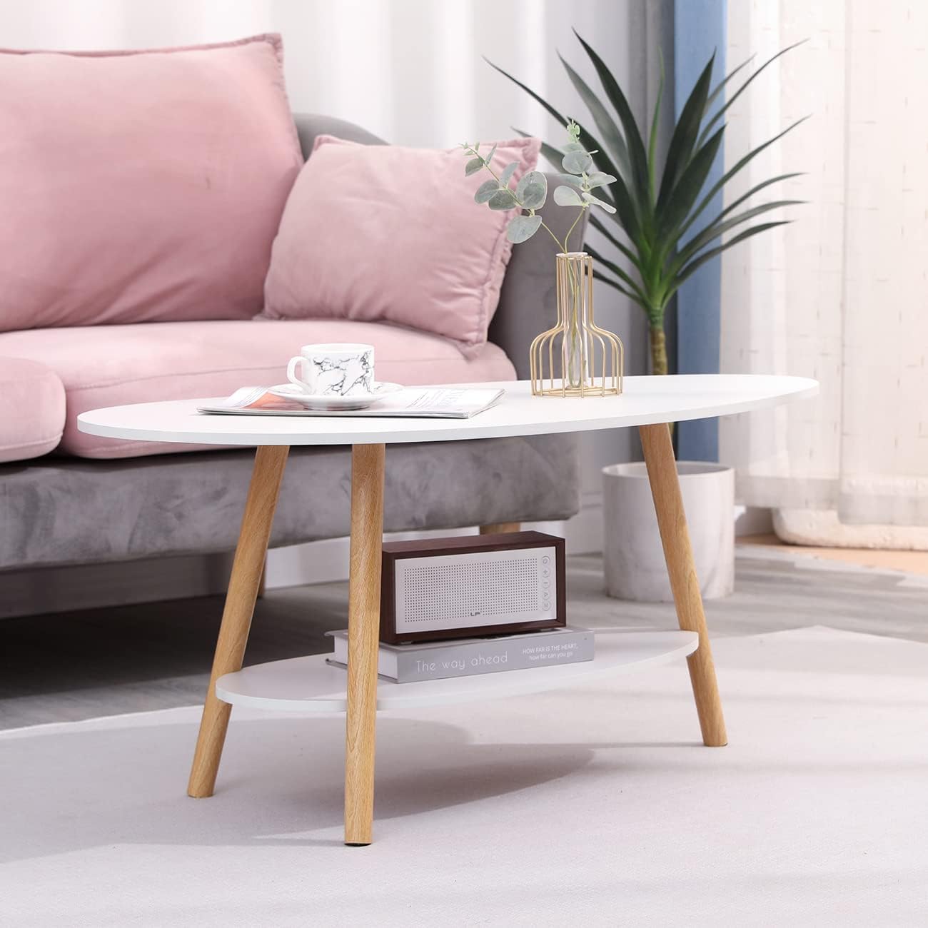 Oval Wood Coffee Table Modern Style Double Layer with Open Storage