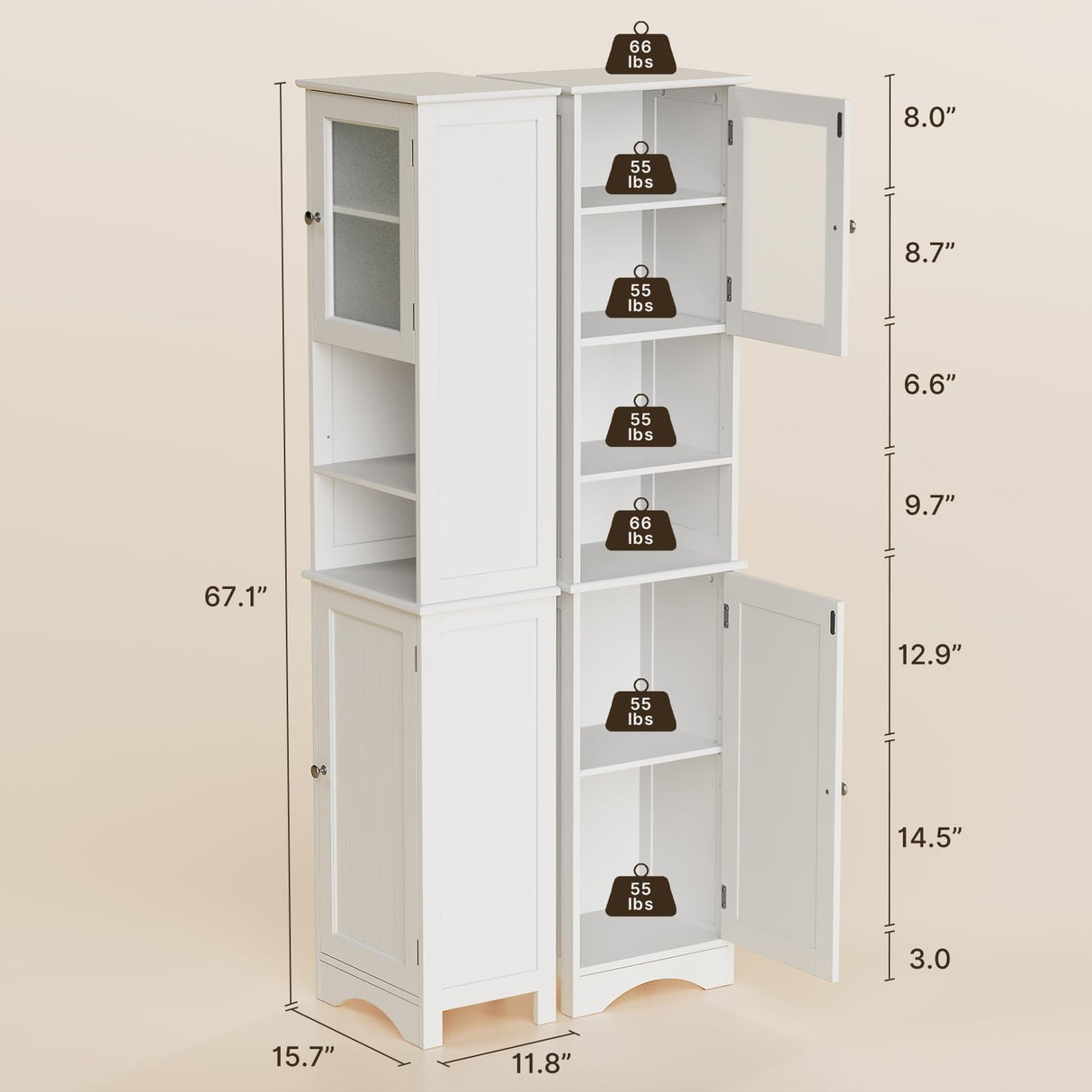 67.1" Tall Bathroom Storage Cabinet with Adjustable Shelves,