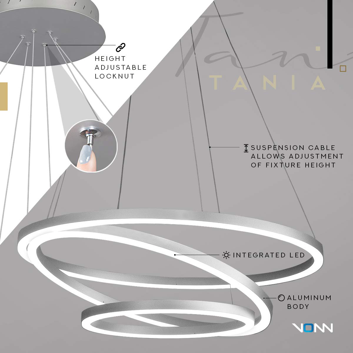 VMC32500AL Tania Trio 32", Adjustable Hanging, Modern Circular Chandelier Lighting in