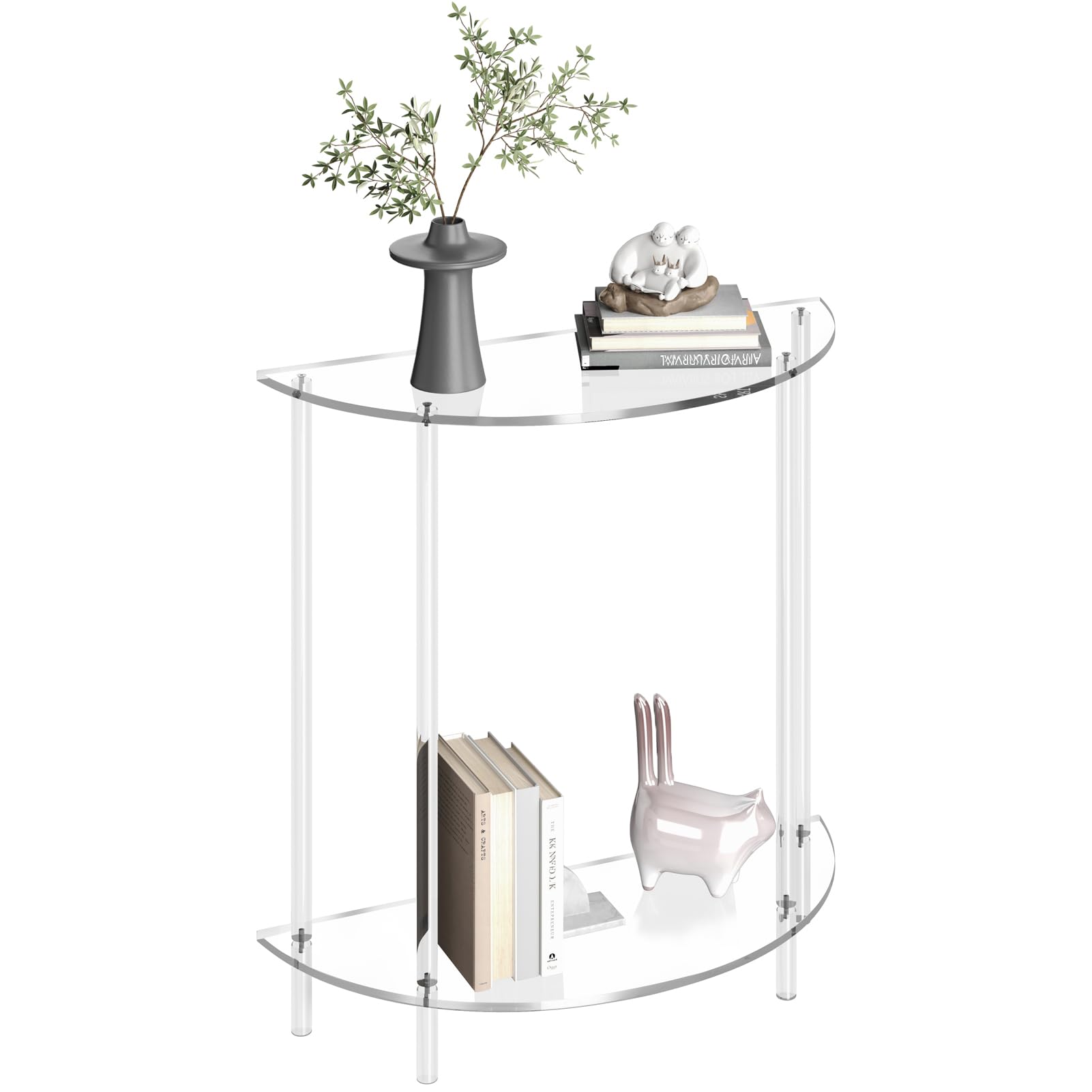 2-Tier Acrylic Console Table - Half Moon Entryway Table with Storage Shelf