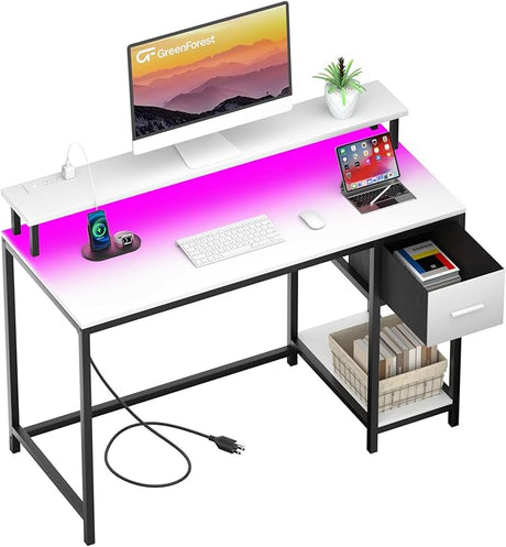 Gaming Desk with LED Lights and Power Outlets 39 inch Computer Desk with Fabric